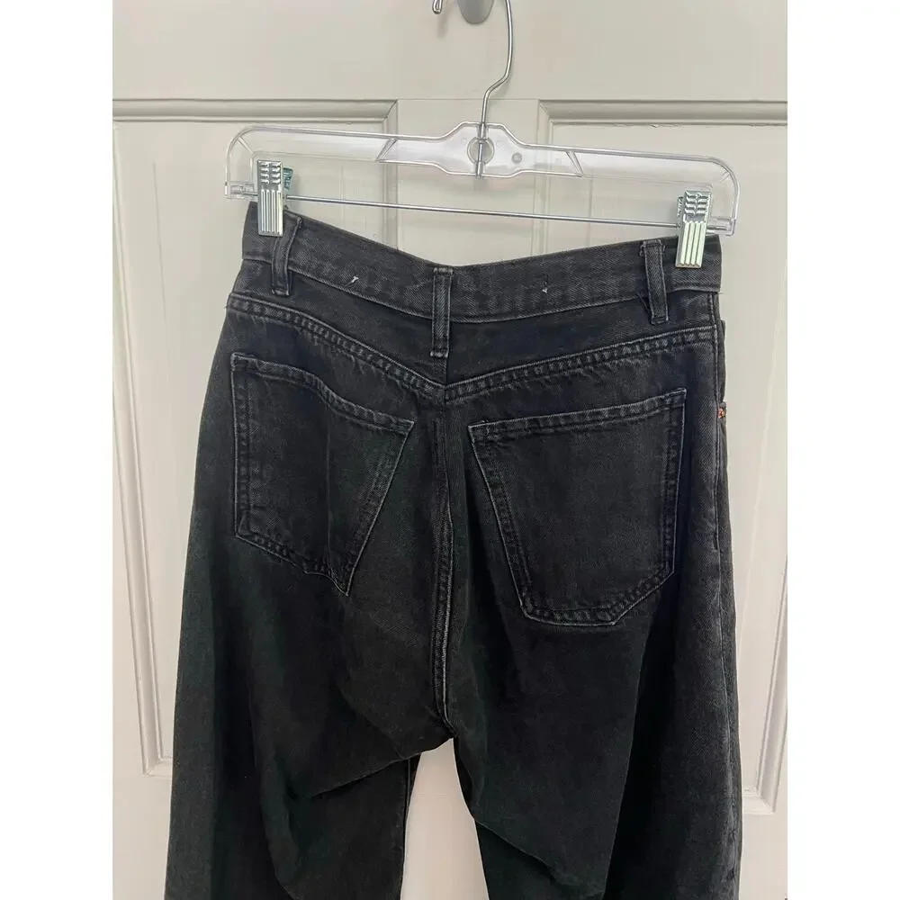MNG Jeans Wide Leg Black Denim High Waist Led Button Fly 100% Cotton Women's 6